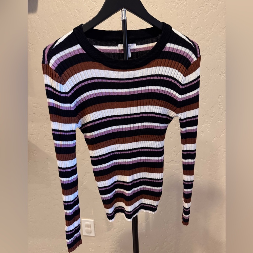 Nine West Striped Ribbed Knit Sweater in Black, Brown, White, Lavender